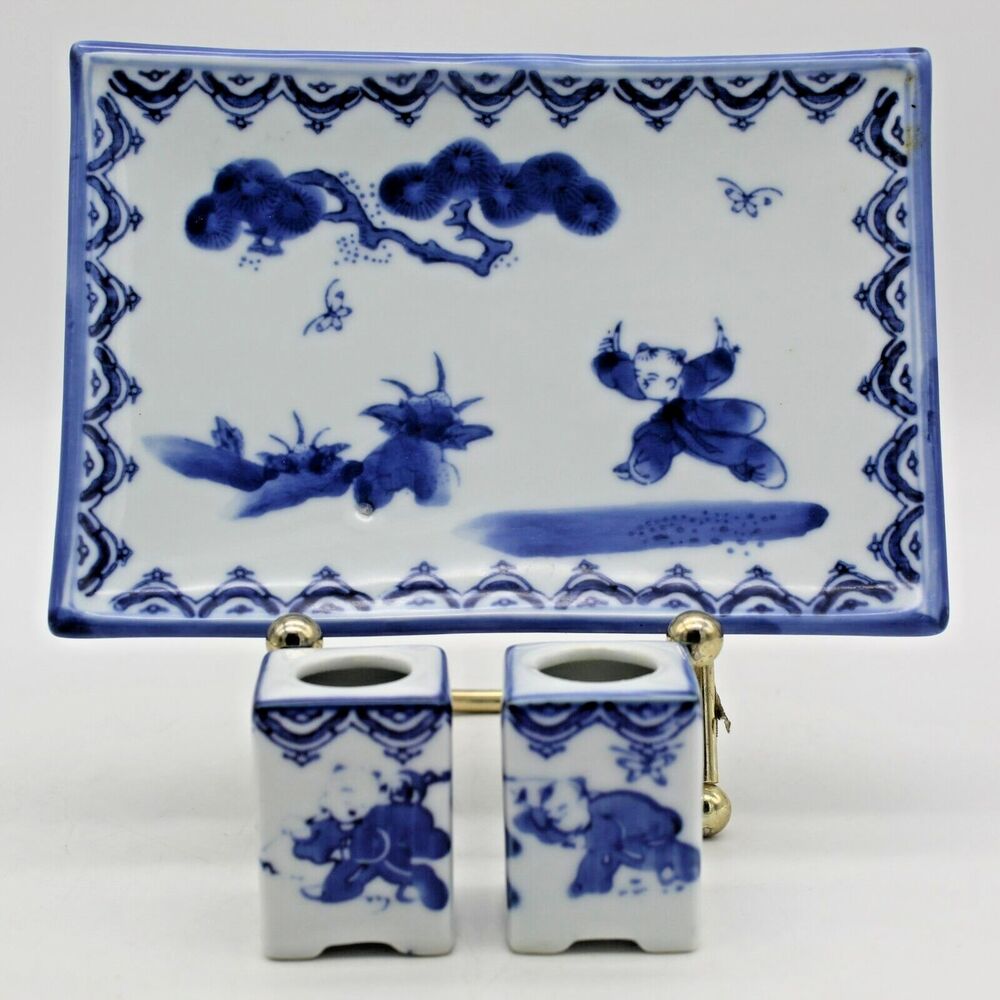 Children at Play Candle Holders on Tray 3 Piece Set Japanese Blue & White MCM